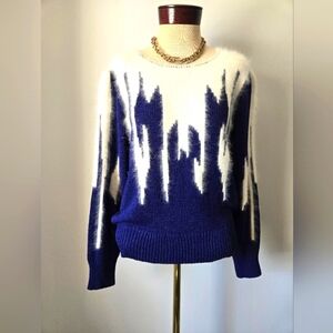 FRANCO VALERI Vintage Angora Electeic Blue and White Patterned Sweater. Large